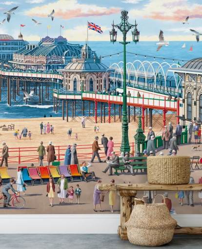 kleurrijke aanpasbare Brighton behangmuurschildering genaamd Vintage Brighton van Victor McLindon voor verzorgingstehuizen kleurrijke aanpasbare Brighton behangmuurschildering genaamd Vintage Brighton van Victor McLindon voor verzorgingstehuizen