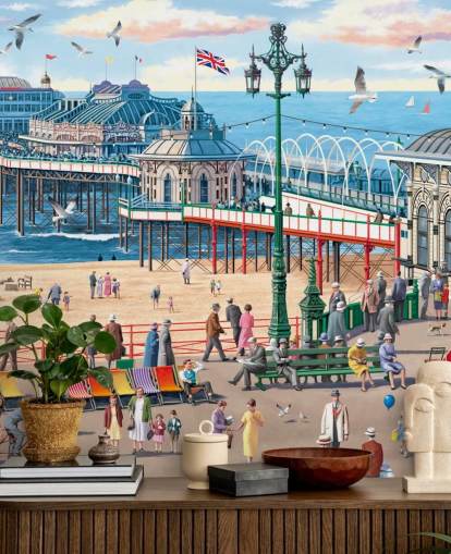 colorido mural de papel pintado personalizable de Brighton llamado Vintage Brighton de Victor McLindon para residencias de ancianos
