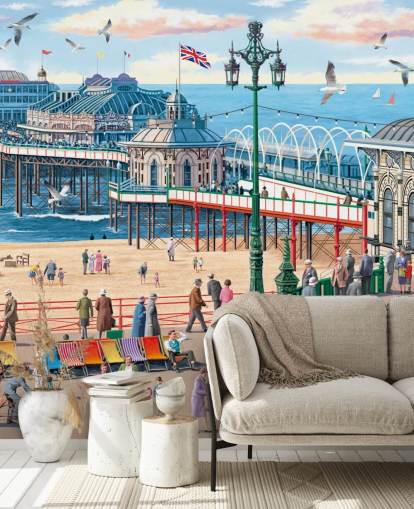 colorful customizable brighton wallpaper mural called Vintage Brighton by Victor McLindon for care homes