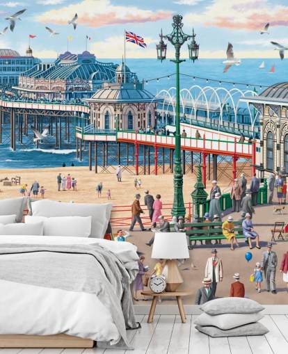 carta da parati murale colorata personalizzabile chiamata Vintage Brighton di Victor McLindon per case di cura