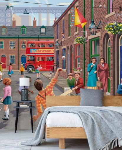 colourful custom bygone era wallpaper mural called Playing Outside by Victor McLindon for care homes