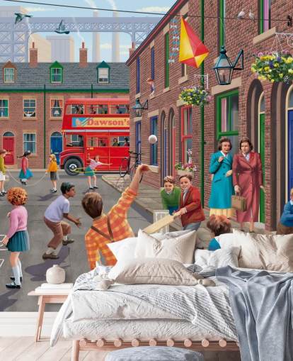 papier peint mural coloré personnalisé de l'époque révolue appelé Playing Outside par Victor McLindon pour les maisons de retraite