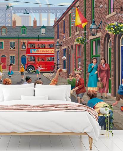 colourful custom bygone era wallpaper mural called Playing Outside by Victor McLindon for care homes