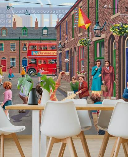 papier peint mural coloré personnalisé de l'époque révolue appelé Playing Outside par Victor McLindon pour les maisons de retraite