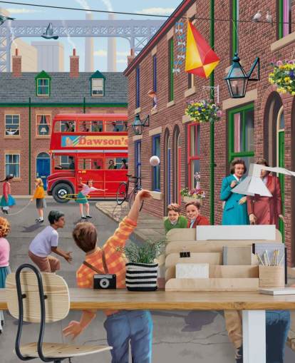 colorful custom bygone era wallpaper mural called Playing Outside by Victor McLindon for care homes