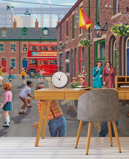 colorful custom bygone era wallpaper mural called Playing Outside by Victor McLindon for care homes