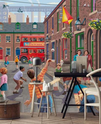 colorido mural de papel pintado personalizado de la época pasada llamado Playing Outside de Victor McLindon para residencias de ancianos