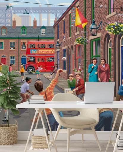 colorful custom bygone era wallpaper mural called Playing Outside by Victor McLindon for care homes