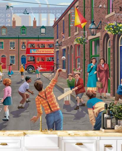 colorful custom bygone era wallpaper mural called Playing Outside by Victor McLindon for care homes