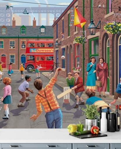 färgglad anpassad svunnen tid tapetväggmålning som heter Playing Outside av Victor McLindon för vårdhem