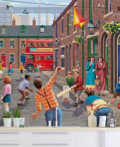 mural de papel de parede colorido personalizado da era passada chamado Playing Outside, de Victor McLindon, para casas de repouso mural de papel de parede colorido personalizado da era passada chamado Playing Outside, de Victor McLindon, para casas de repouso