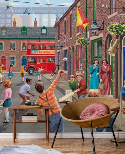 colorful custom bygone era wallpaper mural called Playing Outside by Victor McLindon for care homes