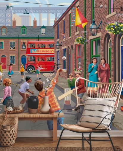 colourful custom bygone era wallpaper mural called Playing Outside by Victor McLindon for care homes