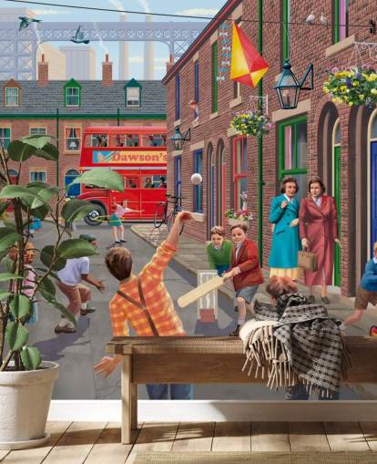 colorful custom bygone era wallpaper mural called Playing Outside by Victor McLindon for care homes