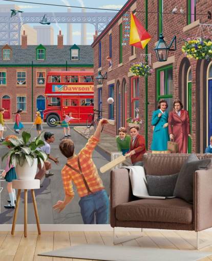 colorful custom bygone era wallpaper mural called Playing Outside by Victor McLindon for care homes