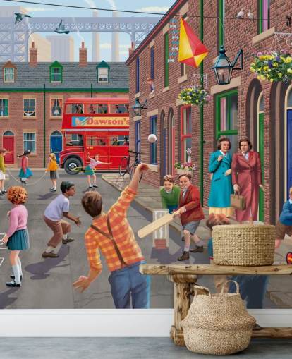 colorful custom bygone era wallpaper mural called Playing Outside by Victor McLindon for care homes