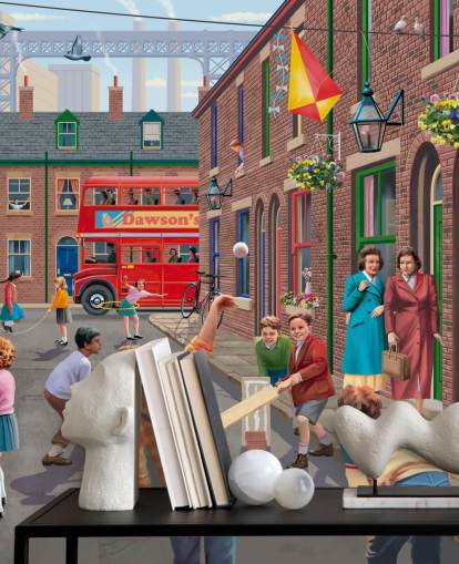 colorful custom bygone era wallpaper mural called Playing Outside by Victor McLindon for care homes