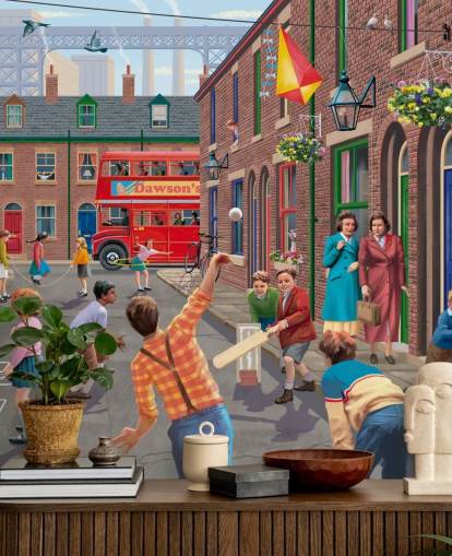 colourful custom bygone era wallpaper mural called Playing Outside by Victor McLindon for care homes