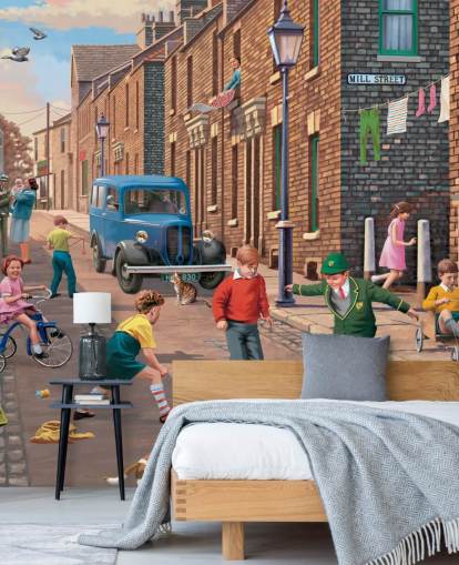 colourful custom bygone era wallpaper mural called Playing Outside II by Victor McLindon for care homes