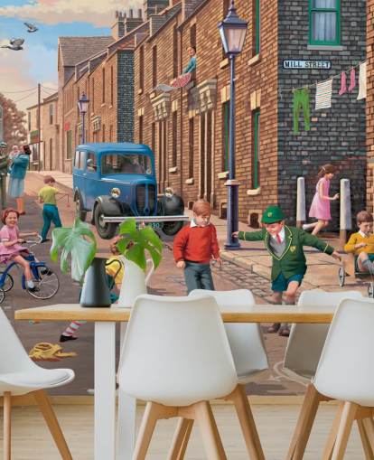 colourful custom bygone era wallpaper mural called Playing Outside II by Victor McLindon for care homes