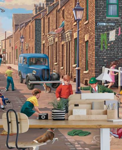 colourful custom bygone era wallpaper mural called Playing Outside II by Victor McLindon for care homes