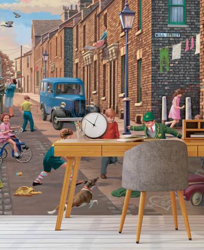 colorful custom bygone era wallpaper mural called Playing Outside II by Victor McLindon for care homes