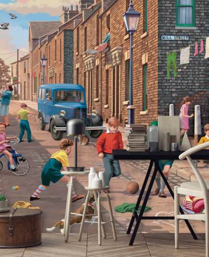 papier peint mural coloré personnalisé de l'époque révolue appelé Playing Outside II par Victor McLindon pour les maisons de retraite