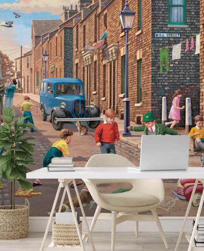 colorful custom bygone era wallpaper mural called Playing Outside II by Victor McLindon for care homes