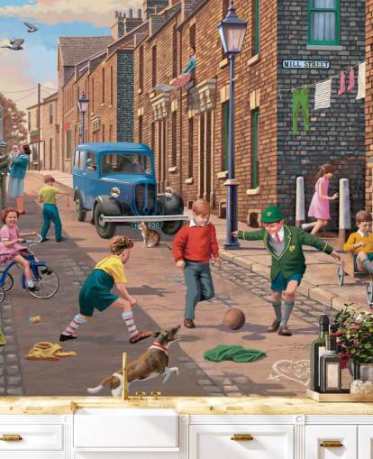 colorful custom bygone era wallpaper mural called Playing Outside II by Victor McLindon for care homes