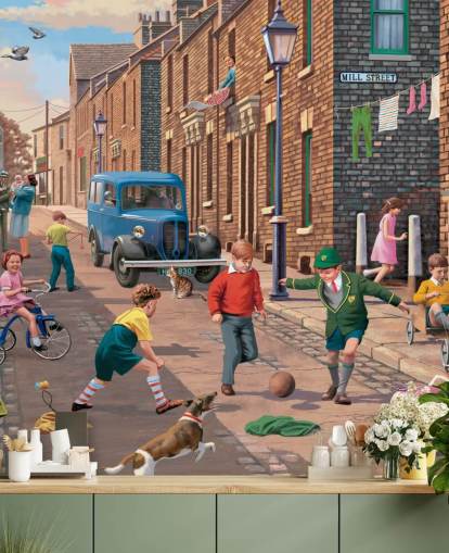 colorful custom bygone era wallpaper mural called Playing Outside II by Victor McLindon for care homes