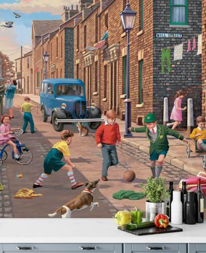 colourful custom bygone era wallpaper mural called Playing Outside II by Victor McLindon for care homes