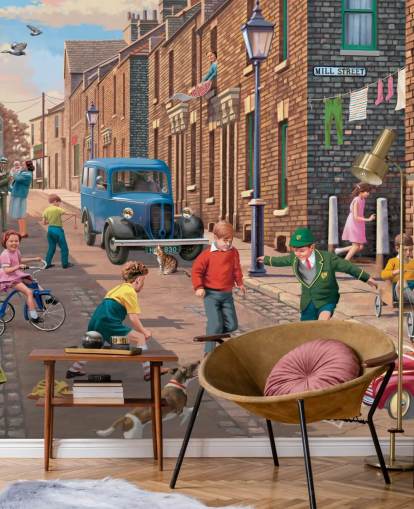 colorful custom bygone era wallpaper mural called Playing Outside II by Victor McLindon for care homes