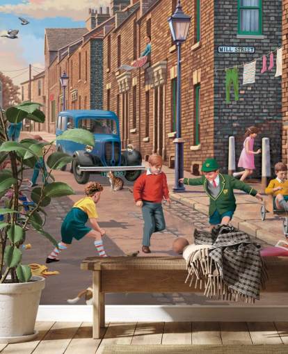 colourful custom bygone era wallpaper mural called Playing Outside II by Victor McLindon for care homes