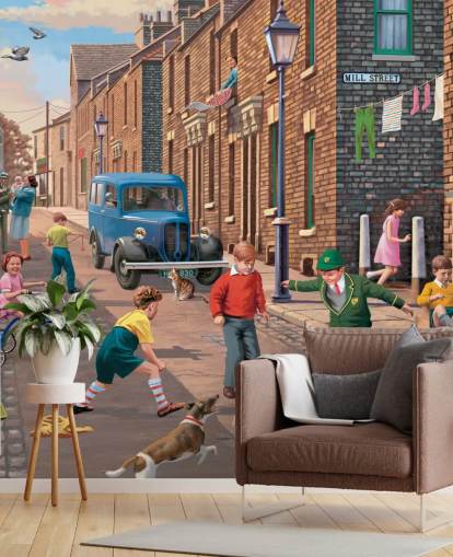 colorful custom bygone era wallpaper mural called Playing Outside II by Victor McLindon for care homes