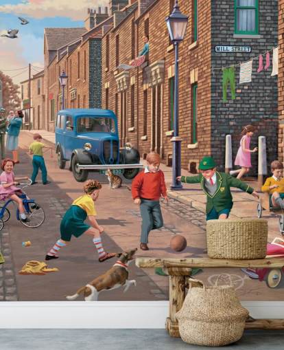 colorful custom bygone era wallpaper mural called Playing Outside II by Victor McLindon for care homes