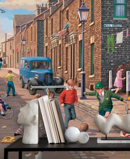 colorful custom bygone era wallpaper mural called Playing Outside II by Victor McLindon for care homes