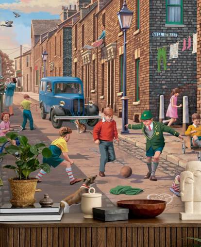 colorido mural de papel pintado personalizado de la época pasada llamado Playing Outside II de Victor McLindon para residencias de ancianos