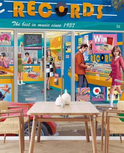 kleurrijke op maat gemaakte platenwinkel muurschildering genaamd Day at the Record Store van Victor McLindon voor verzorgingstehuizen