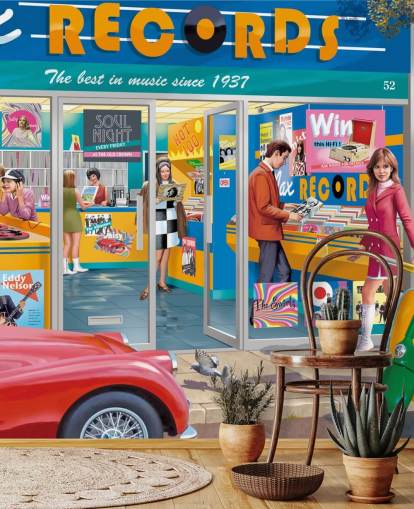 colourful custom record store wallpaper mural called Day at the Record Store by Victor McLindon for care homes