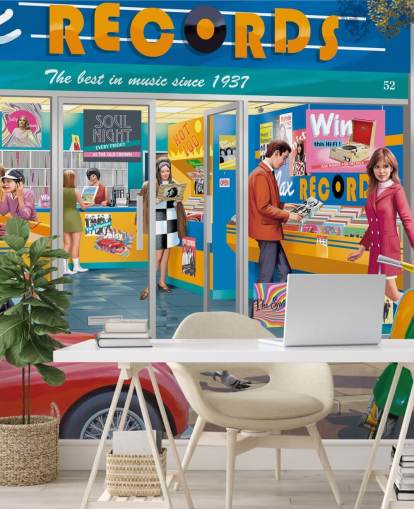 papier peint mural coloré personnalisé de magasin de disques appelé Day at the Record Store par Victor McLindon pour les maisons de retraite