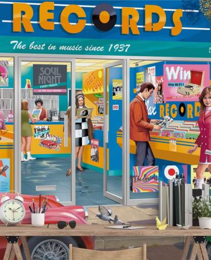 colourful custom record store wallpaper mural called Day at the Record Store by Victor McLindon for care homes