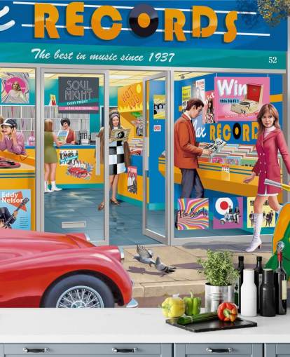 colourful custom record store wallpaper mural called Day at the Record Store by Victor McLindon for care homes
