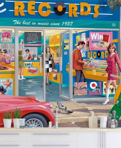 colourful custom record store wallpaper mural called Day at the Record Store by Victor McLindon for care homes
