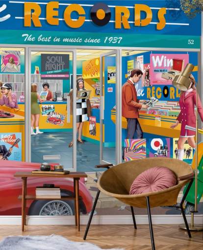 colorful custom record store wallpaper mural called Day at the Record Store by Victor McLindon for care homes colorful custom record store wallpaper mural called Day at the Record Store by Victor McLindon for care homes
