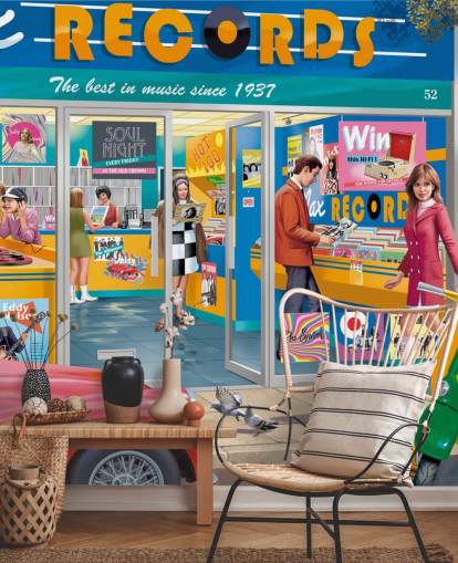 Victor McLindonin värikäs räätälöity levykaupan taustakuvamaalaus nimeltä Day at the Record Store hoitokodeille