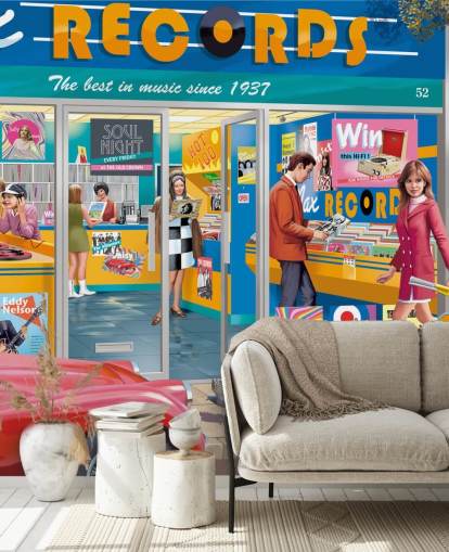 colorful custom record store wallpaper mural called Day at the Record Store by Victor McLindon for care homes