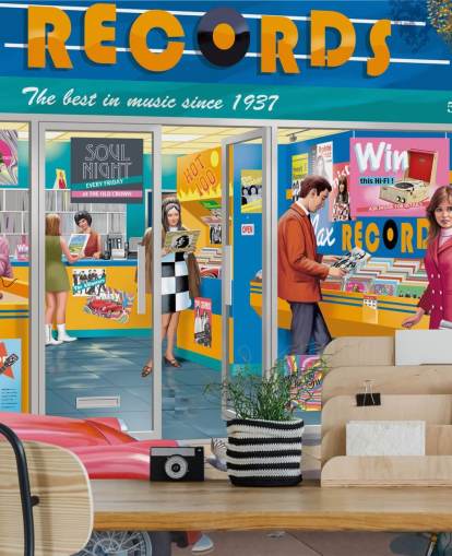 kleurrijke op maat gemaakte platenwinkel muurschildering genaamd Day at the Record Store van Victor McLindon voor verzorgingstehuizen