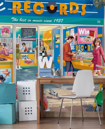 colorful custom record store wallpaper mural called Day at the Record Store by Victor McLindon for care homes
