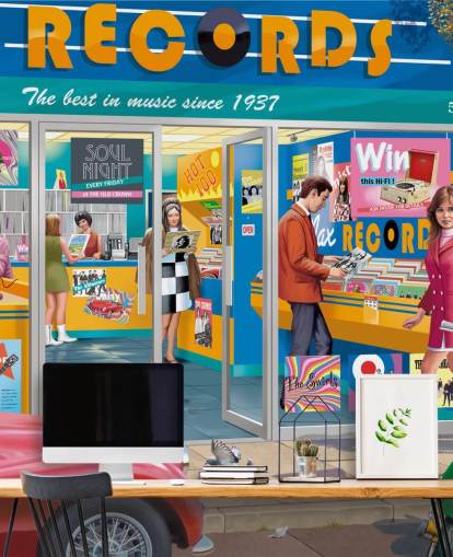 kleurrijke op maat gemaakte platenwinkel muurschildering genaamd Day at the Record Store van Victor McLindon voor verzorgingstehuizen