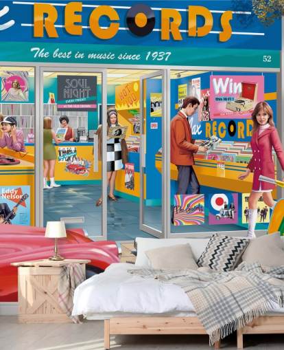 colorido mural de papel pintado personalizado de una tienda de discos llamado Day at the Record Store de Victor McLindon para residencias de ancianos